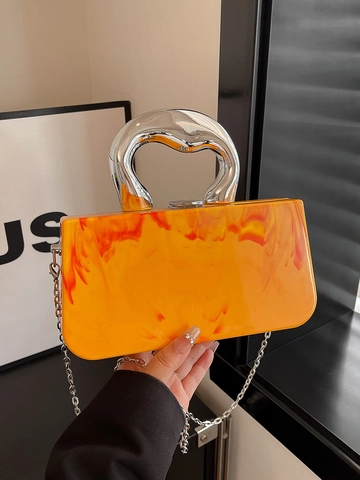 Women Acrylic Marble Pattern Evening Box Bag With Silver Metal Handle And Removable Chain Strap Crossbody Handbag For Party