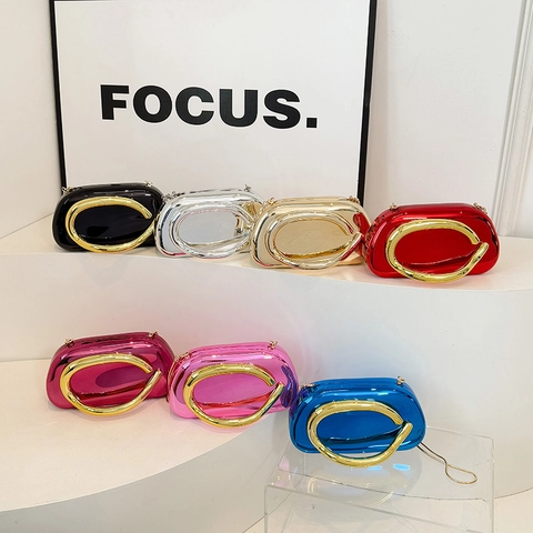 Women's Acrylic Evening Clutch Bag Metallic Mirror Finish Crossbody Bag With Large Ring Handle Chain For Wedding Party