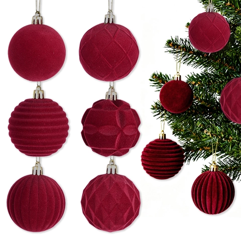 Flocked Velvet Christmas Balls Ornaments For Christmas Tree Decoration Wine Red Shatterproof Baubles For Holiday Party Home Decor