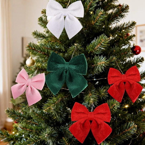 Velvet Christmas Tree Decoration Bows Hanging Ornaments For Party Holiday Home Window Gift Box Decor Red Green Pink White