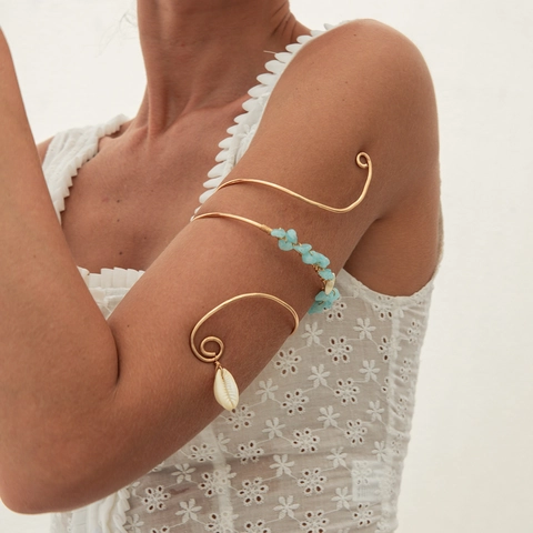 Boheems Goud Metalen Spiraal Armband Natuurlijke Schelp Faux Kunstparel Zeeschildpad Zeester Arm Manchet Armband Strand Vakantie Sieraden Vrouwen