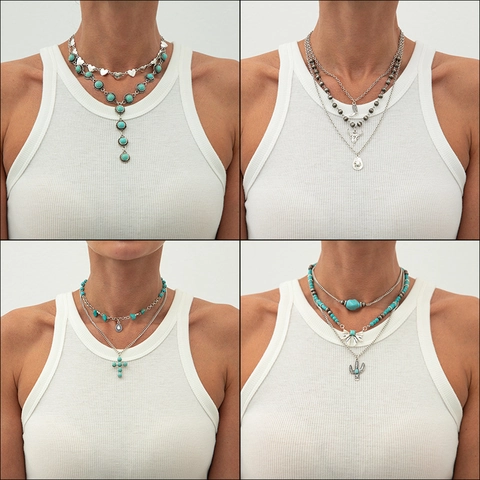 Vintage Western Cowboy Böhmische Mehrlagige Halskette Legierung Synthetischer Türkis Herz Ochsenschädel Kreuz Kaktus Schmuck