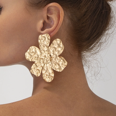 Fashion Large Metal Flower Stud Earrings For Women Statement Hammered Textured Petal Earrings Stainless Steel Post Jewelry