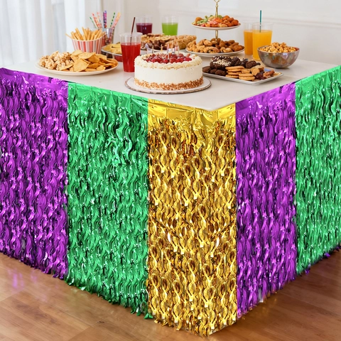 Gonna da Tavolo Mardi Gras Verde Oro Viola Tricolore Frange di Lametta Metallica Taglio Ondulato Autoadesivo Banner in Lamina PET per Decorazione Festa di Carnevale