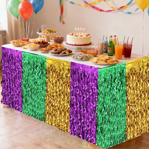 Jupe de Table Mardi Gras Franges de Guirlande Violet Or Vert Feuille Métallique Bord Ondulé Décoration de Table Carnaval