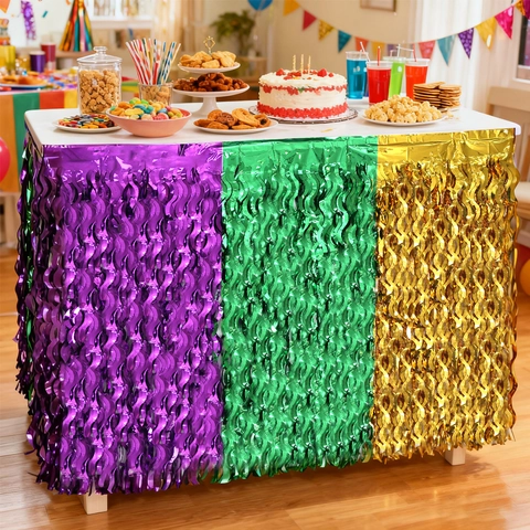 Jupe de Table Mardi Gras Franges de Guirlande Violet Or Vert Feuille Métallique Bord Ondulé Décoration de Table Carnaval