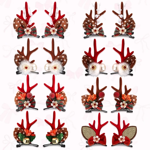 Christmas Reindeer Antler Hair Clips Women Velvet Bowknot Artificial Pearl Reindeer Antlers Festive Party Accessories