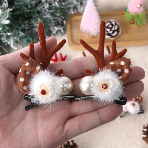 Weihnachten Rentier Geweih Haarspangen Mit Schleife Glocke Perle Deko Niedliche Beflockte Rentier Haarnadeln Festlicher Haarschmuck