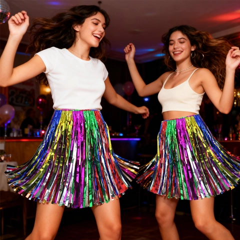 Multicolor Metallic Tinsel Hula Skirt For Party Carnival Costume Performance Props Elastic Waist Vibrant Foil Fringe Apparel