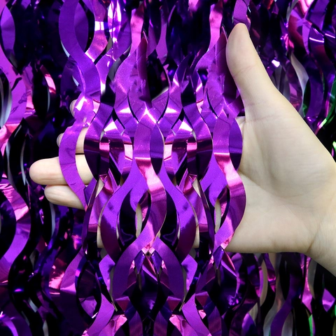 Mardi Gras Metallic Foil Table Skirt Tinsel Fringe Purple Green Gold Patchwork Scimitar Wave Design Self Adhesive Party Decor