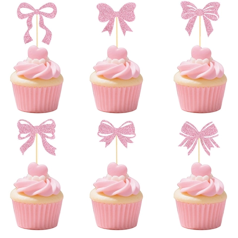 Pink Glitter Bow Cake Toppers Valentine's Day Cupcake Picks Decoration For Birthday Party Wedding Cake Accessories