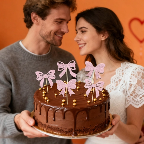 Décorations de Gâteau Nœud Rose Pailleté Papier Pailleté Bâton en Bois pour Saint Valentin Anniversaire Mariage Fête