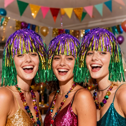 Mardi Gras Tinsel Wig Purple Gold Green Metallic Foil Fringe Bob Wig With Bangs For Carnival Masquerade Party Costume Accessory