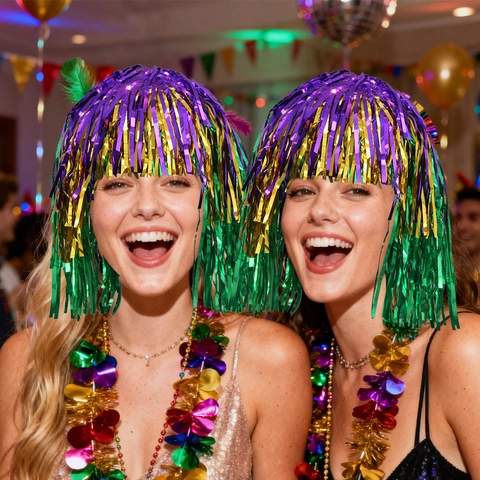 Mardi Gras Tinsel Wig Purple Gold Green Metallic Foil Fringe Bob Wig With Bangs For Carnival Masquerade Party Costume Accessory
