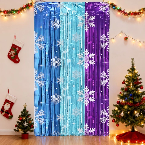Sneeuwvlok Bedrukt Metallic Folie Franje Gordijn Blauw Paars Gespleten Kerstmis Feest Achtergrond Tinsel Gordijn Decoratie