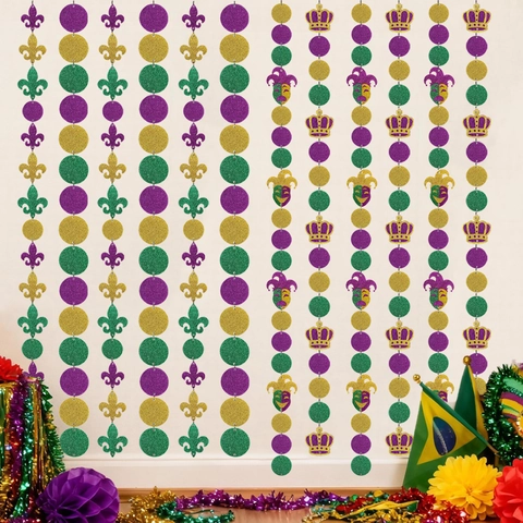 Mardi Gras Party Decorations Purple Gold Green Fleur-De-Lis Glitter Hanging Garland Crown Mask Festive Carnival Backdrop Decor