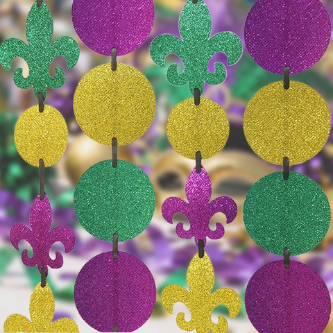 Mardi Gras Party Decorations Purple Gold Green Fleur-De-Lis Glitter Hanging Garland Crown Mask Festive Carnival Backdrop Decor