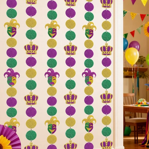 Mardi Gras Garland Purple Green Gold Glitter Hanging Streamers Fleur De Lis Crown Mask Party Backdrop Decorations