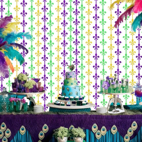 Cortina De Flecos De Papel Aluminio Mardi Gras Fleur De Lis Fondo Metálico Púrpura Verde Oro Decoración Carnaval