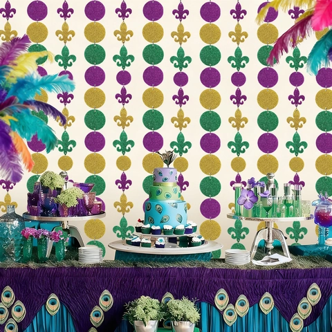 Mardi Gras Garland Purple Green Gold Glitter Hanging Streamers Fleur De Lis Crown Mask Party Backdrop Decorations