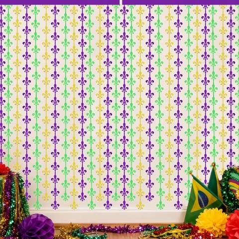 Cortina De Flecos De Papel Aluminio Mardi Gras Fleur De Lis Fondo Metálico Púrpura Verde Oro Decoración Carnaval