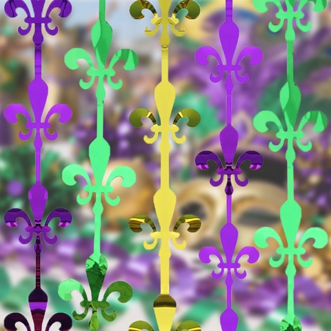 Mardi Gras Folie Fransenvorhang Lila Grün Gold Fleur-de-lis Muster Karneval Party Hintergrund Wanddekoration Festliches Ornament