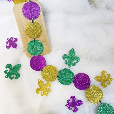Mardi Gras Glitter Garland Purple Gold Green Hanging Carnival Party Decoration Mask Crown Fleur-de-lis Masquerade Background Props