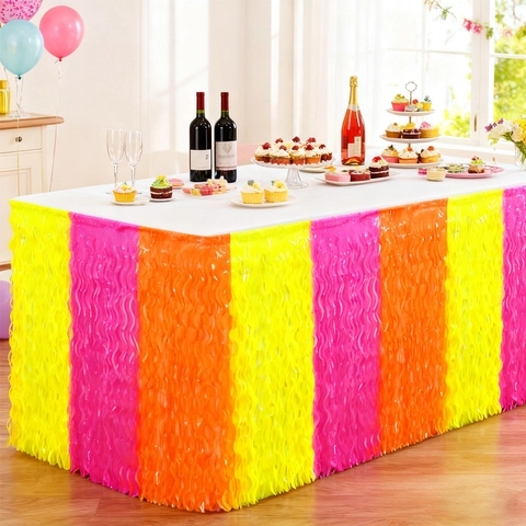 Neon Fluorescent Tassel Table Skirt Patchwork PET Fringe Wave Table Curtain For Disco Glow Party Birthday Event Decor