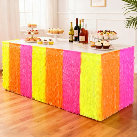 Jupe de Table Multicolore Néon Fluorescente en PET avec Franges à Glands Ondulés pour Décoration de Fête d'Anniversaire Mariage