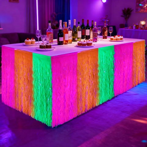 Faldón de Mesa de Neón Fluorescente de Patchwork PET Flecos Cortina de Mesa Ondulada para Disco Glow Party Cumpleaños Decoración