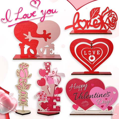 Ornement de Table en Bois Saint Valentin Cœur LOVE Alphabet Rose Gnome Décoration de Bureau Cadeau Romantique Fête Panneau