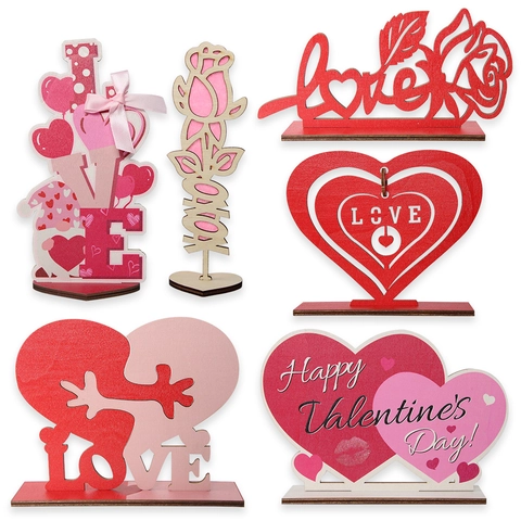 Décoration de Table en Bois Saint-Valentin Cœur Rose LOVE XOXO Ornement pour Mariage Fête Maison Bureau Cadeau Romantique