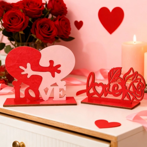 Décoration de Table en Bois Saint-Valentin Cœur Rose LOVE XOXO Ornement pour Mariage Fête Maison Bureau Cadeau Romantique