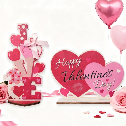 Ornement de Table en Bois Saint Valentin Cœur LOVE Alphabet Rose Gnome Décoration de Bureau Cadeau Romantique Fête Panneau