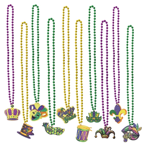 Mardi Gras Bead Necklaces Purple Gold Green Bead Chain With Festive Pendants Jester Mask Crown Lips For Carnival Party Dress Up Accessories