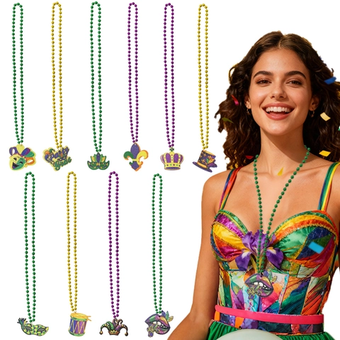 Collane Di Perline Mardi Gras Con Pendenti Colorati Per Festa Di Carnevale Gioielli Festivi In Plastica Viola Verde Oro Maschera