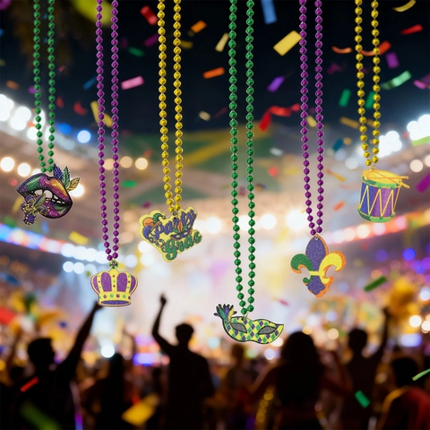 Collane Di Perline Mardi Gras Con Pendenti Colorati Per Festa Di Carnevale Gioielli Festivi In Plastica Viola Verde Oro Maschera