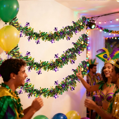 Guirlande de Noël Métallique Mardi Gras Violet Vert Or Serpentin Avec Fleur de Lys Décoration de Fête de Carnaval Maison