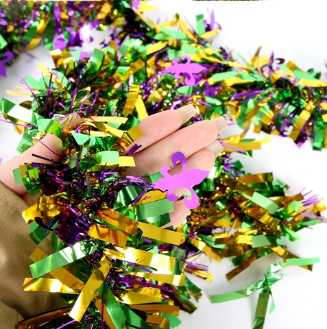 Mardi Gras Tinsel Garland Purple Green Gold Metallic Fleur-de-lis 2m Hanging Ornament For Carnival Party Home Decoration