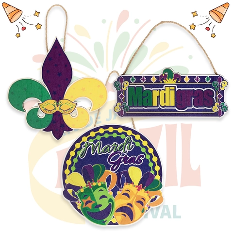 Mardi Gras Wooden Hanging Sign Purple Green Gold Fleur-De-Lis Mask Print Festive Door Plaque For Carnival Party Decoration