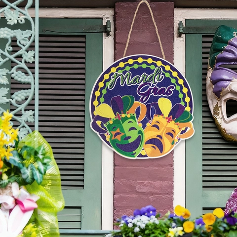 Mardi Gras Plaque de Porte en Bois Décoration Suspendue Fleur de Lys Masque Motif Violet Vert Or Carnaval Fête Maison Mur Pendentif