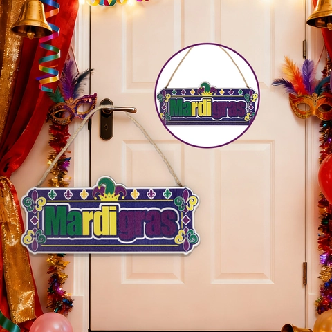 Mardi Gras Carnival Wooden Hanging Sign Purple Green Gold Mask Pattern Fleur-de-lis Festive Party Door Wall Decor