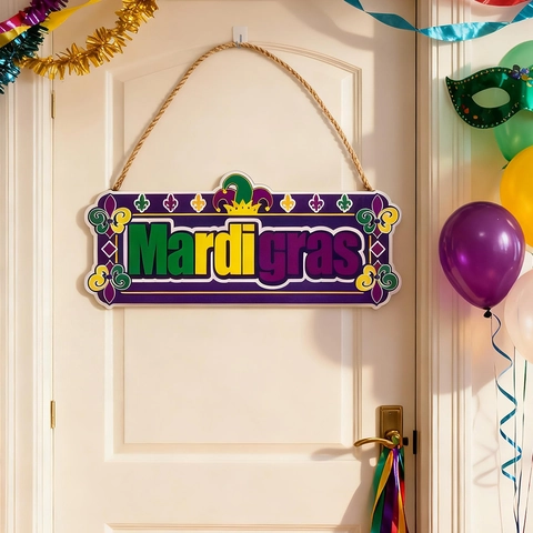 Mardi Gras Plaque de Porte en Bois Décoration Suspendue Fleur de Lys Masque Motif Violet Vert Or Carnaval Fête Maison Mur Pendentif