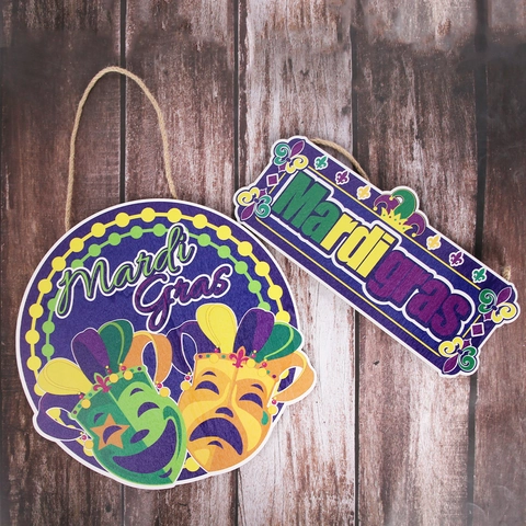 Mardi Gras Wooden Hanging Sign Purple Green Gold Fleur-De-Lis Mask Print Festive Door Plaque For Carnival Party Decoration