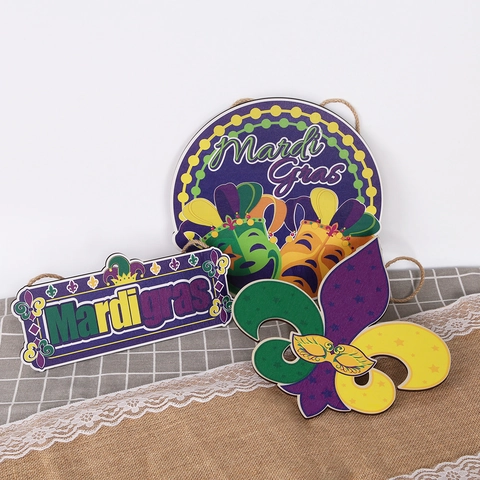 Mardi Gras Wooden Hanging Plaque Decorations Purple Green Gold Mask Fleur-de-lis Sign For Carnival Party Wall Door Decor