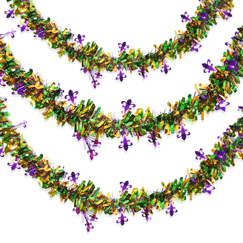 Mardi Gras Tinsel Garland Purple Green Gold Fleur-de-lis Pattern For Carnival Party Decorations Home Hanging Ornament