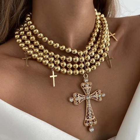 Hip Hop Multilayer Beaded Necklace Rhinestone Cross Pendant Exaggerated Alloy Necklace For Women Gold Silver Jewelry