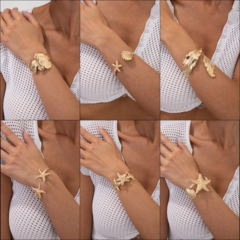 Metalen Manchetarmband Zeester Schelp Bloem Blad Open Armband Onregelmatig Geometrisch Boheems Vakantie Sieraden Vrouwen