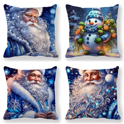 Blau Weihnachten Kopfkissenbezug Weihnachtsmann Schneemann Bedruckt Pfirsichhaut Polyester Kissenhülle Für Wohnzimmer Haus Dekor