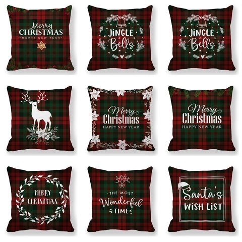 Weihnachts Kissenbezug Rot Grün Tartan Karo Polyester Pfirsichhaut Kissenhülle Feiertag Deko Rentier Schneeflocke